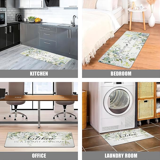 weesire Green Kitchen Rug Anti Fatigue Mats for Kitchen Floor Kitchen Rugs Sage Green Floral Herb Memory Foam Kitchen Mat Cushioned PVC Leather Kitchen Rug Set, 17.3x28+17.3x47 inchs