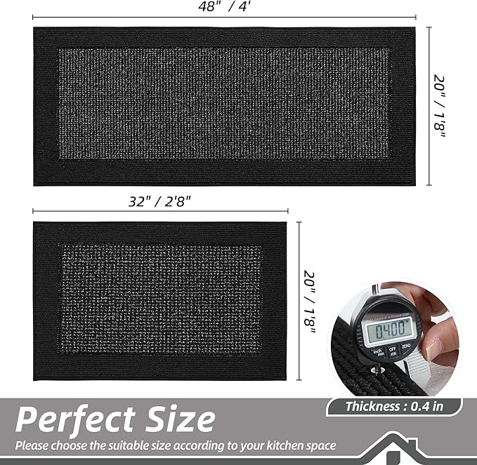BEQHAUSE Kitchen Rugs and Mats Set of 2 Non-Slip Kitchen Mats for Floor, Absorbent and Stain Resistant Kitchen Runner, Machine Washable Rugs for Kitchen, Laundry & Sink, 20"x32"+20"x48", Black