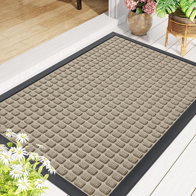 Smiry Front Door Mat Outside Entrance, Heavy Duty Natural Rubber Doormat, Non Slip, Trap Dirt and Moisture, Easy Clean, Low Profile Welcome Floor Mats for Indoor Outdoor Entry, 59x34 Inch, Beige