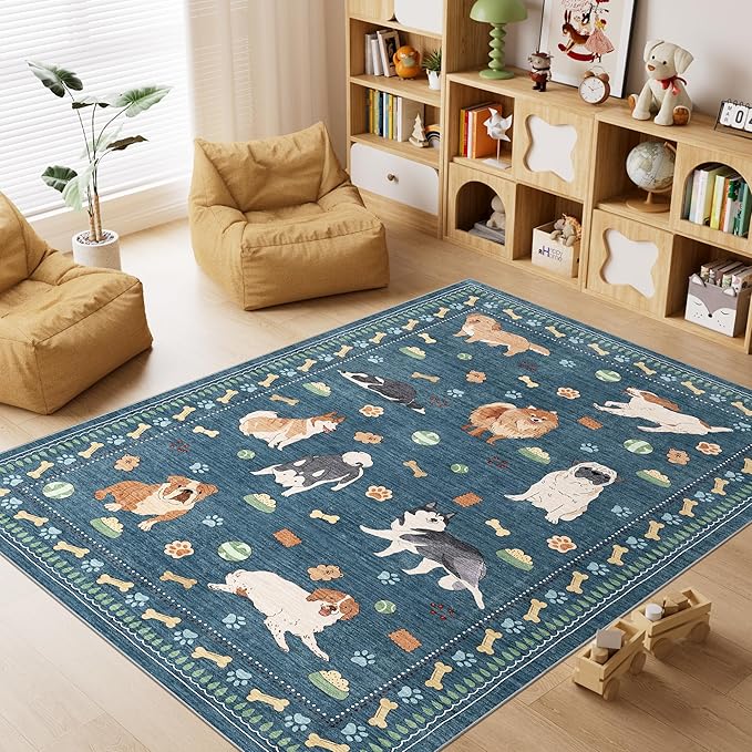 DUKINO 4x6 Area Rug, Non Slip Washable Rug for Living Room with Low Pile Design, Lightweight & Non Shedding Animal Dog Print Indoor Soft Carpet for Bedroom, Dining Room, Kids Room, Office, Blue