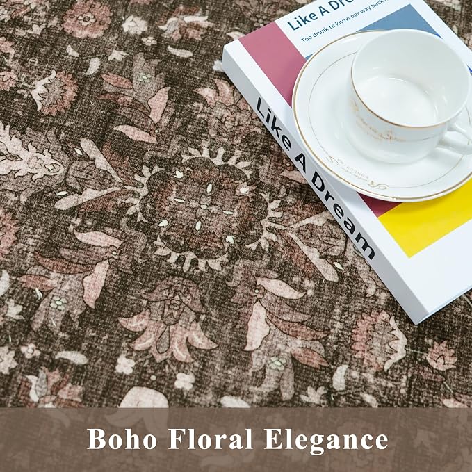 Washable Non-Skid 3 Piece Kitchen Rugs Set – Modern Boho Floral Low-Pile Area Rugs and Runner for Entryway, Bathroom, Hallway – Decorative Small Indoor Rugs (Brown, 2x3+2x4+2x5)