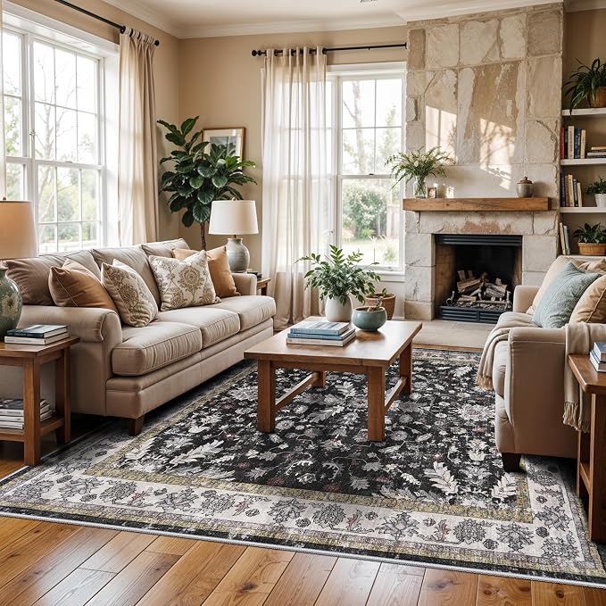 Square Rugs 5x5 Washable for Entryway: Non Slip Indoor Foot Carpet for Living Room, Boho Soft Black 5'x5' Low Pile Neutral Area Rug for Kitchen Dining Room Bathroom (Black, 5x5)
