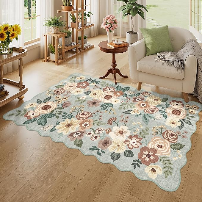 DUKINO 3x5 Area Rug, Floral Non-Slip Indoor Washable Rug with Low Pile & Non-Shedding, Lightwight Boho Design Carpet for Entryway, Bedroom, Kids Room, Living Room, Kitchen, Sage Green
