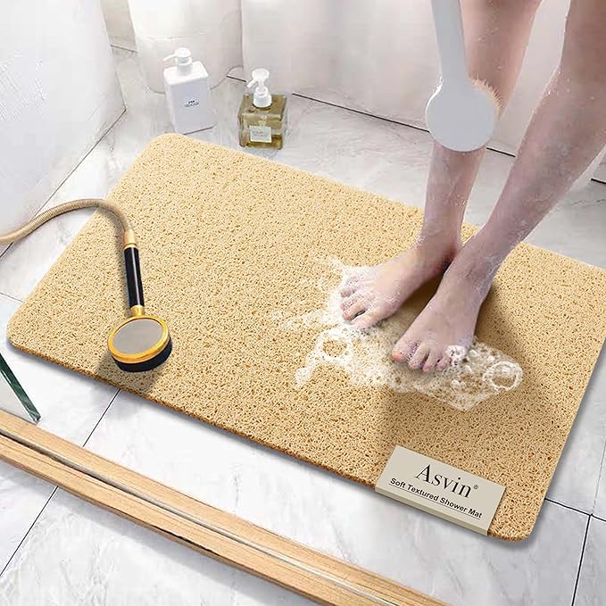 Asvin Soft Textured Bath, Shower, Tub Mat, 24x32 Inch, Phthalate Free, Non Slip Comfort Bathtub Mats with Drain, PVC Loofah Bathroom Mats for Wet Areas, Quick Drying