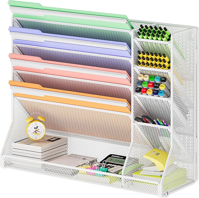 Jakyitvi Wall File Organizer, 5-Tier Hanging Wall File Organizer with R-shaped Bottom Tray, Desk Organizer with 4 Tiers Durable Adjustable Metal & 4 Pen Slots Stable, Wall Organizer for Office, White
