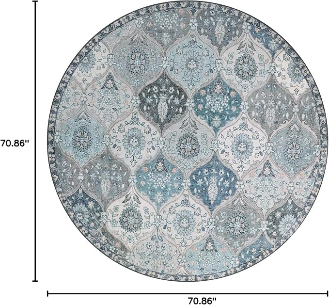 Lahome Moroccan Washable Round Area Rug, Soft Vintage Round Rugs 6ft Ultra-Thin Non-Slip, Distress Large Circle Carpet for Dining Room Living Room Bedroom Elise, Blue