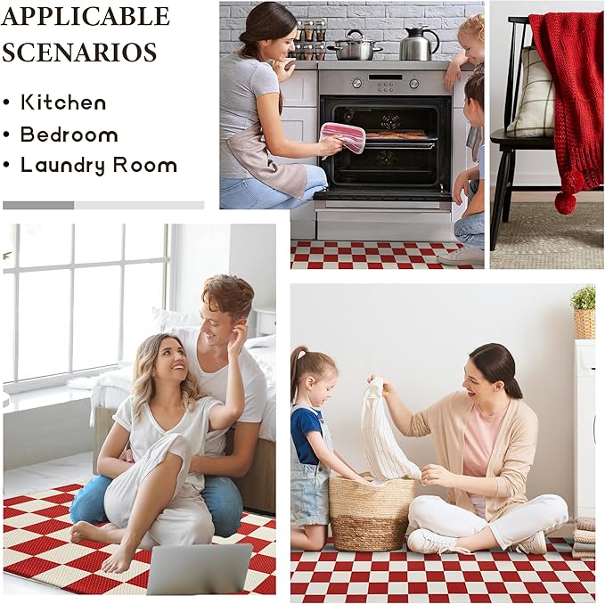 Beige Red Checkered Grid Checkerboard Kitchen Rug Sets [2 PCs], Anti-Fatigue, Waterproof Non-Slip Kitchen Mats Heavy Duty Comfort Foam Rug for Kitchen, Floor, Home, Laundry,17"x29"+17"x47"