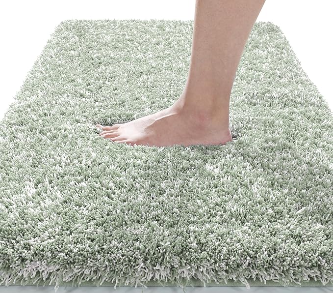 Yimobra Luxury Bathroom Rugs, Fluffy Bath Mats, Non Slip, Water Absorbent Microfiber, Machine Washable, Plush Runner Shower Rugs, Thick Matts for Bathroom Floor&Tub, 56" X 24", Light Green and White