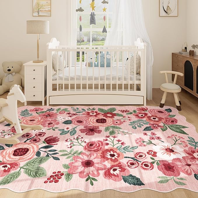 DUKINO 5x7 Area Rug, Floral Washable Rugs for Living Room with Non Slip Backing & Non-Shedding, Lightwight Low Pile Boho Design Large Carpets for Bedroom, Living Room, Dining Room, Pink