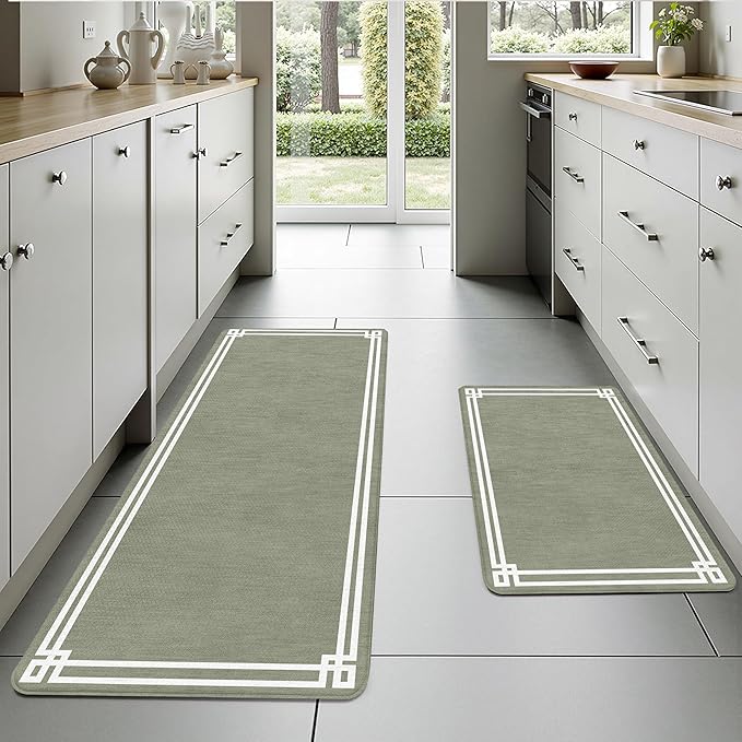 Sage Green Retro Elegance Frame Textured Kitchen Rug Sets [2 PCs], Anti-Fatigue, Waterproof Non-Slip Kitchen Mats Heavy Duty Comfort Foam Rug for Kitchen, Floor, Laundry,17"x29"+17"x47"
