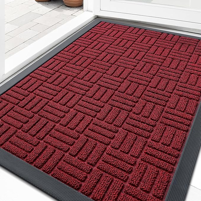 OLANLY Front Door Mat Outside Entrance 33x21, Absorbent, Heavy Duty Sturdy Natural Rubber Doormat Indoor Outdoor, Non-Slip, Stain and Fade Resistant, Low Profile Floor Mat for Entryway, Black Red