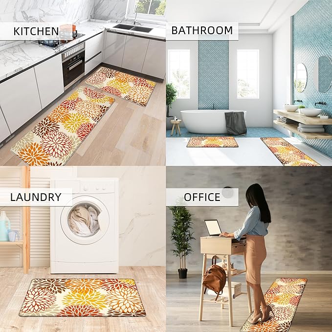 Orange Fall Kitchen Mats for Floor, Cushioned Anti Fatigue Memory Foam Kitchen Rugs Set of 2, Non Slip Waterproof Kitchen Runner Floor Mat, Comfort Standing Mat for Sink, Laundry, Autumn Home Decor