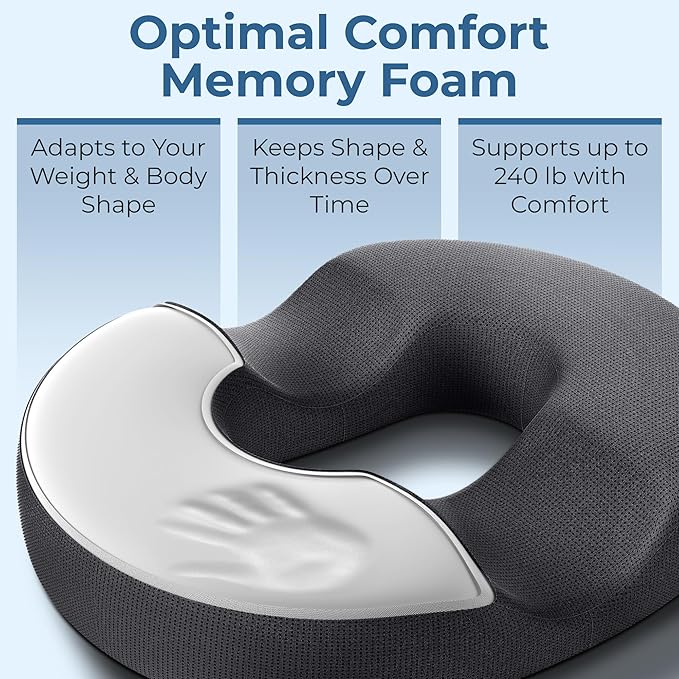 5 STARS UNITED Donut Pillow for Tailbone Pain & Hemorrhoids – Large Memory Foam Seat Cushion for Bed Sore-Prone Areas & Pressure Relief – Prostate, Postpartum & Pregnancy Support, Gray Mesh Cover