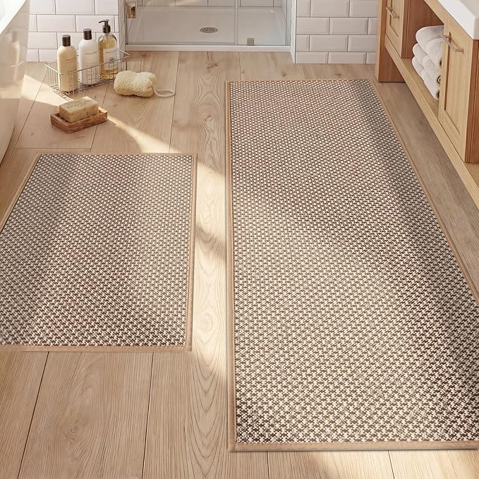 YIHOUSE Thin Bath Mat Khaki Bathroom Rugs Sets 2 Pieces, Non Slip Absorbent Mats Quick Dry, Woven Rugs Washable, Tapetes para Baño for Bathroom Toliet,Bathtub(17"x24"+17"x47")
