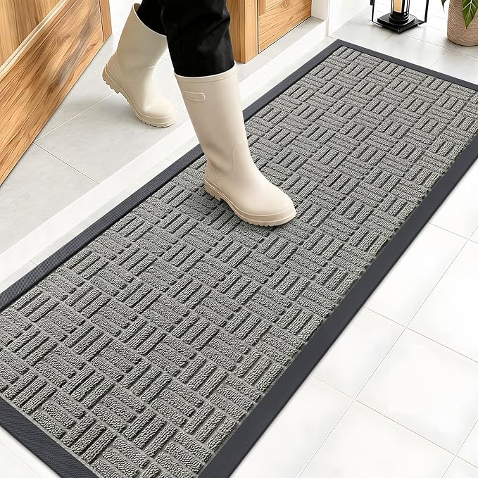 OLANLY Front Door Mat Outside Entrance 47x17, Absorbent, Heavy Duty Sturdy Natural Rubber Doormat Indoor Outdoor, Non-Slip, Stain and Fade Resistant, Low Profile Floor Mat for Entryway, Modern Gray