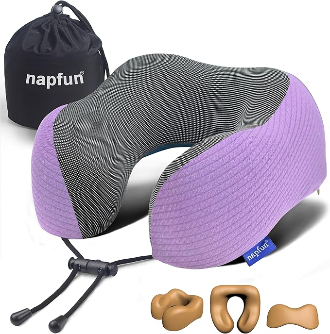napfun Neck Pillow for Traveling, Upgraded Travel Neck Pillow for Airplane 100% Pure Memory Foam Travel Pillow for Flight Headrest Sleep, Portable Plane Accessories, Light Purple
