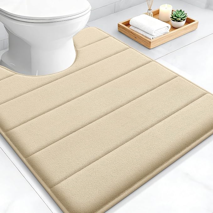 OLANLY Memory Foam Toilet Rugs U Shaped 24x20, Super Soft Absorbent Contour Bath Rugs, Quick Dry, Machine Washable Toilet Mat, Bathmat Floor Carpet, Bathroom Home Decor Accessories, Beige