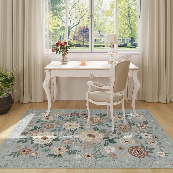 DUKINO 3x5 Area Rug, Floral Rugs for Living Room, Lightweight Non Slip Washable Rug, Indoor Low Pile & Non-Shedding Boho Design Rugs for Bedroom, Living Room, Dining Room, Sage Green