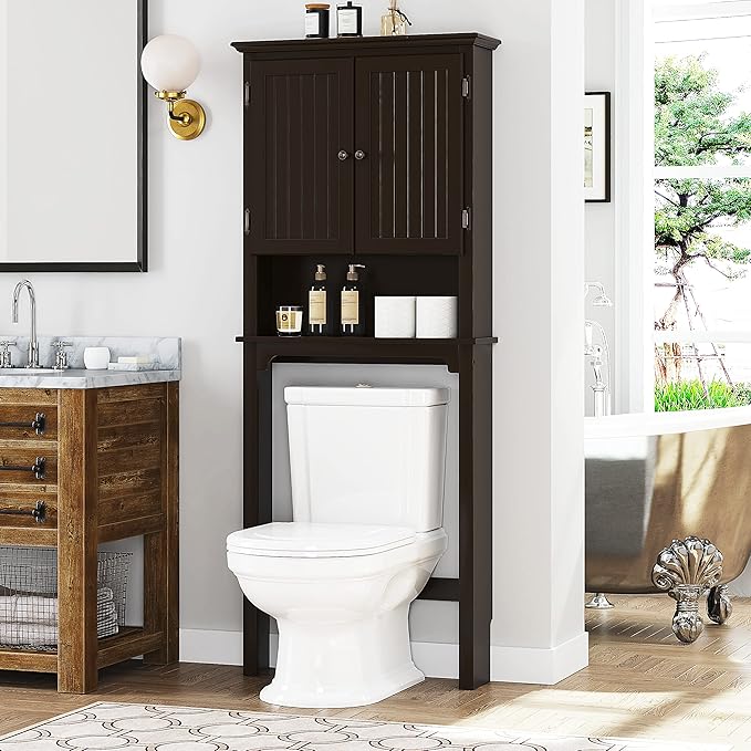UTEX Above The Toilet Storage Cabinet, Over Toilet Bathroom Organizer with Adjustable Shelves and Double Doors, Espresso