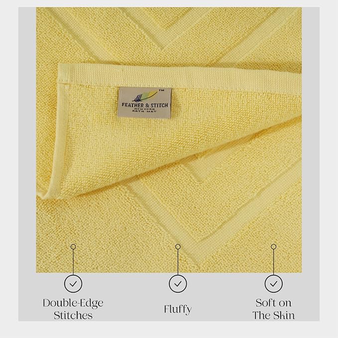 Feather & Stitch 2 Piece Towel Like Bath Mats (30x21 Inch) 100% Cotton Terry Bath Mats, Bathroom Shower Floor Mats [NOT A Bathroom Rug], Soft Absorbent Washable Mats - Yellow