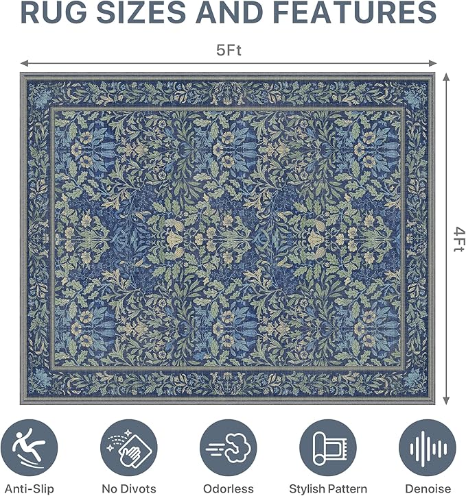 48"x60" Office Chair Mat for Hardwood Tile Floor, Under Desk Carpet Protector for Rolling Computer Chair Mat, Machine Washable Area Rug, Anti-Slip 1/5" Thick Low Pile Thin Vinyl Floor Mat, Dark Blue