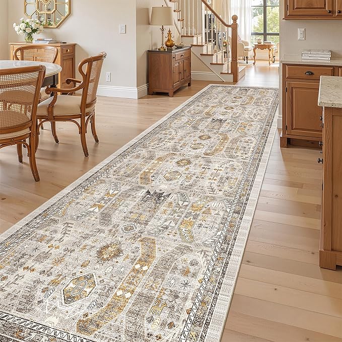 Madane Hallway Rug 3x10, Kitchen Rugs Washable Entryway Rug Vintage Kitchen Runners Non Slip Indoor Area Rug Farmhouse Carpet Runner for Bathroom Living Room Bedroom, Brown/Gold