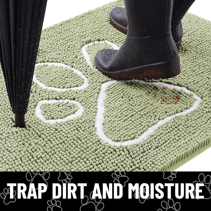 Smiry Dog Door Mat for Muddy Paws, Absorbent Dirt Trapper Non Slip Quick Dry Washable Chenille Mat for Mud Dogs, Entry Rug for Indoor and Outdoor (59x35 Inches, Sage Green and White)