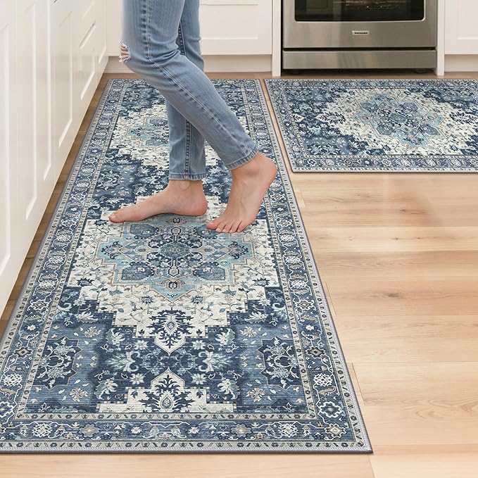 GENIMO Kitchen Rugs Non Slip Washable, 2PCS Kitchen Mats for Floor, Cushioned Standing Mat, Kitchen Runner Rug Floor Mat for Kitchen Decor, Laundry, Sink, Entryway, Home, 20"x32"+20"x59", Navy Blue