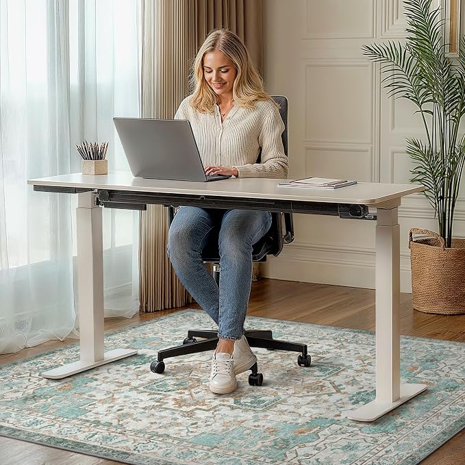 48"x72" Office Chair Mat for Hardwood Tile Floor, Under Desk Carpet Protector for Rolling Computer Chair Mat, Machine Washable Area Rug, Anti-Slip 1/5" Thick Low Pile Thin Vinyl Floor Mat, Cyan