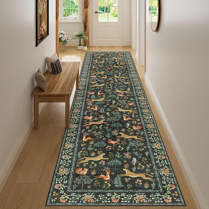 DUKINO 2.6x12 Hallway Runner Rug, Vintage Washable Loog Kitchen Rug with Non Slip Backing, Stain Resistant & Low Pile Animal Print Floor Carpet for Indoor Entrance Bathroom, Laundry, Bedroom, Black
