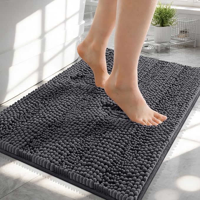 OLANLY Thick Small Bathroom Rugs 24x16, Extra Soft Absorbent Chenille Striped Bath Rugs, Rubber Backing, Machine Wash, Bath Mats for Bathroom Floor, Tub and Shower, Home Decor Accessories, Dark Grey