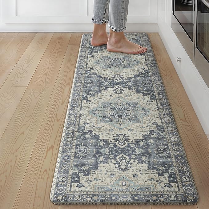 GENIMO Kitchen Mats for Floor, Washable Anti Fatigue Mat for Cushioned, 17.3"x59", Waterproof Kitchen Rugs, Non Slip Foam Comfort Standing Mat Rug for Home, Runner, Sink, Laundry, Center Blue