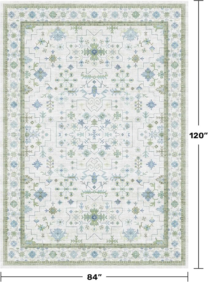Hazo Haus Blue and Green Living Room Rug 7x10 - Cream Oushak Vintage Boho Floral Farmhouse, Washable Low Pile Non-Slip Extra Large Area Rugs for Bedroom, Kids, Lounge