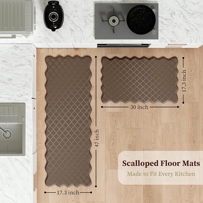 Arenarug Upgrade Scalloped Embossed Kitchen Mats for Floor 2PCS Cushioned Anti Fatigue Waterproof Foam Kitchen Rugs Non Slip Washable Comfort Standing Mat for Office Sink Laundry, Brown