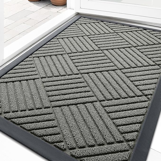 OLANLY Front Door Mat Outside Entrance 29.5x17, Absorbent, Heavy Duty Sturdy Natural Rubber Doormat Indoor Outdoor, Stain Fade Resistant, Non-Slip Low Profile Floor Mat Entryway, Modern Gray Diamond