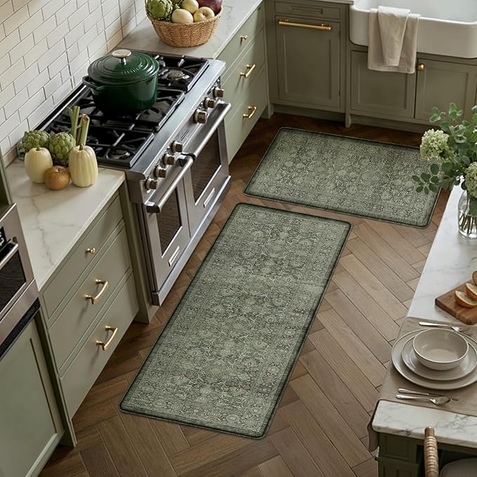 PureCozy Kitchen Mats 2PCS Anti Fatigue Cushioned Mat Green Vintage Kitchen Mats for Floor Waterproof Non Slip Comfort Standing Distressed Rug for Sink Laundry Office 17.3"x47"+17.3"x30"