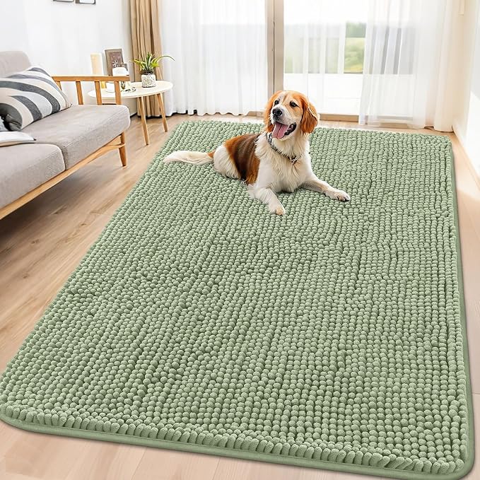 Smiry Dog Door Mat for Muddy Paws 71x46, Absorbent Dirt Trapper, Non-Slip Washable Chenille Entryway Rug for Inside Floor, Sage Green, Classic Solid