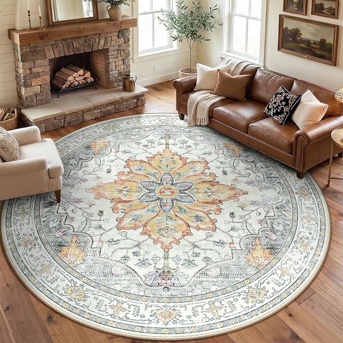 RELEANY Area Rugs Round 8ft Washable Non-Slip, Floral Vintage Distress Medallion Carpet for Living Room Bedroom Dining Room, Beige Carbon Grey Orange