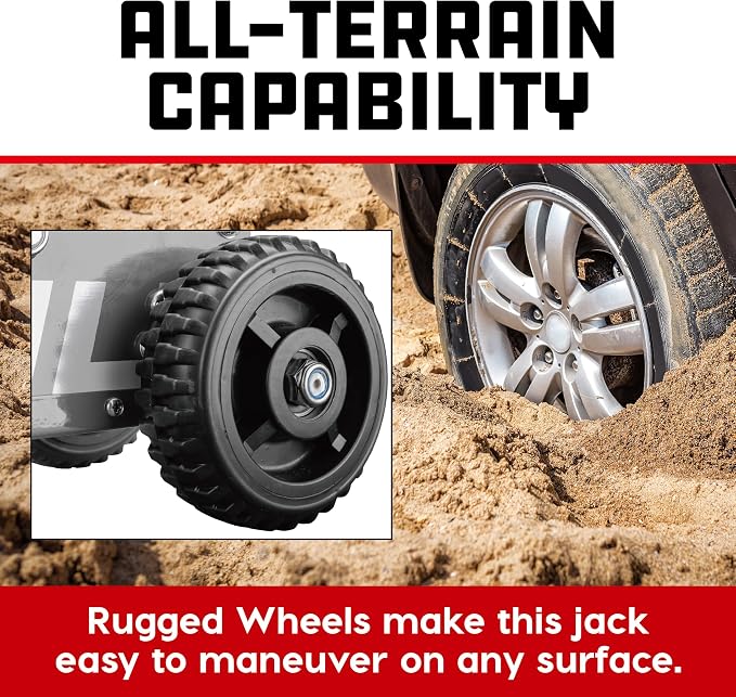 Powerbuilt 1.5 Ton Big Wheel Off Road Jack, Vehicle Lift for Trucks, SUVs, ATVs Offroad Vehicles, Oversized Wheels for Rugged Terrain, 3000 LB Capacity, Grey 620627ECE
