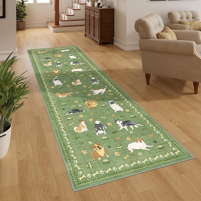 DUKINO 2.6x8 Washable Runner Rug for Hallway, Non Slip Animal Dog Kitchen Rug with Low Pile Design, Ultra Soft & Stain Resistant Indoor Carpert Runner for Entryway, Bedroom, Laundry, Bathroom, Green