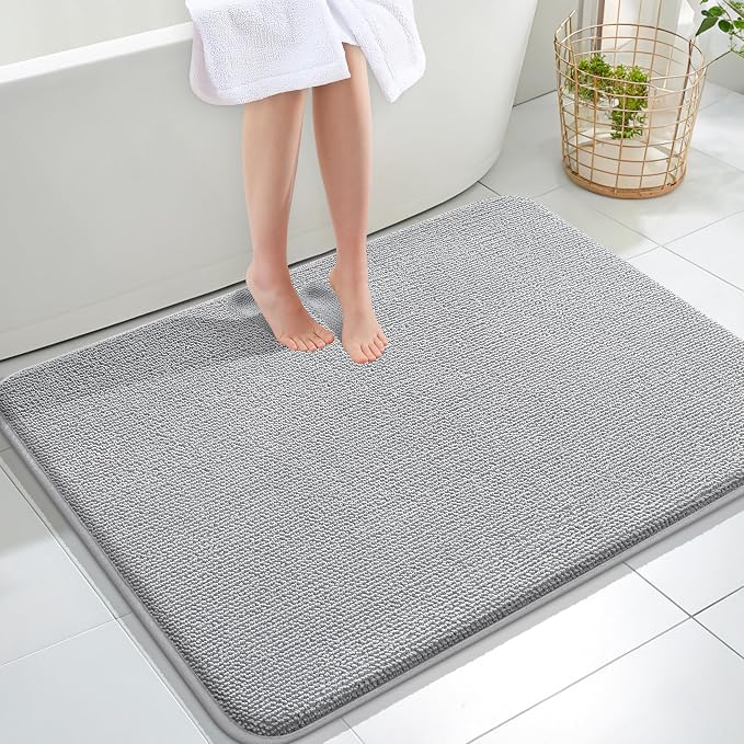OLANLY Thick Memory Foam Large Bathroom Rugs 40x32, Extra Soft Absorbent Bath Rug, Quick Dry Bath Mat, Non-Slip, Machine Washable Mats for Bathroom, Tub and Shower, Home Decor Accessories, Light Grey