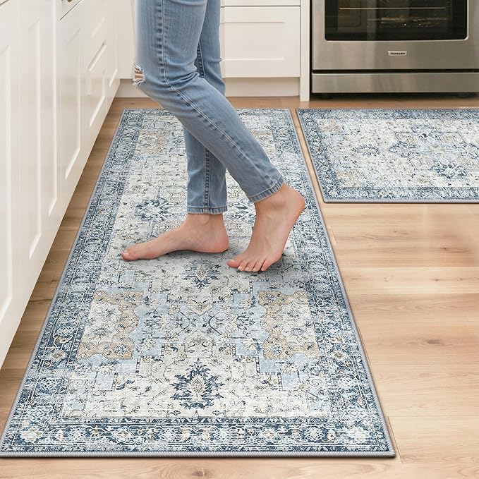 GENIMO Kitchen Rugs Non Slip Washable, 2PCS Kitchen Mats for Floor, Cushioned Standing Mat, Kitchen Runner Rug Floor Mat for Kitchen Decor, Laundry, Sink, Entryway, Home, 20"x32"+20"x48", Blue