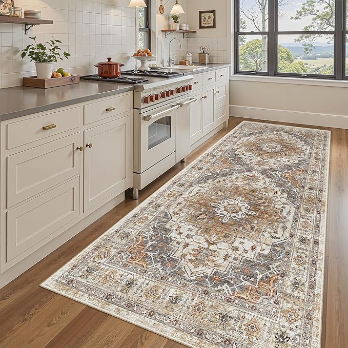 Madane Hallway Runner Rug 4x8 Wide: Washable Thin Runners for Hallways Entry, Non Slip Soft Vintage Kitchen Rugs Low Pile Carpet Runners for Living Room Bedroom Dining Room Foyer (Turmeric/Grey,4x8)