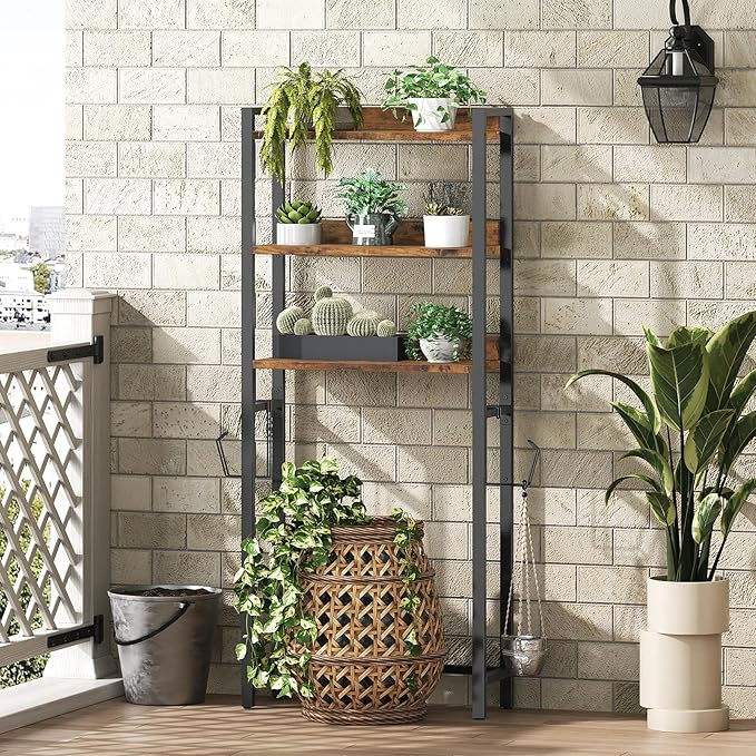 MAHANCRIS Over The Toilet Storage Rack, 3 Tier Bathroom Organizer Over Toilet, Freestanding Space Saver Toilet Stand with 2 Hooks, Bathroom Storage Shelf, Easy to Assemble, Rustic Brown TSHR6001