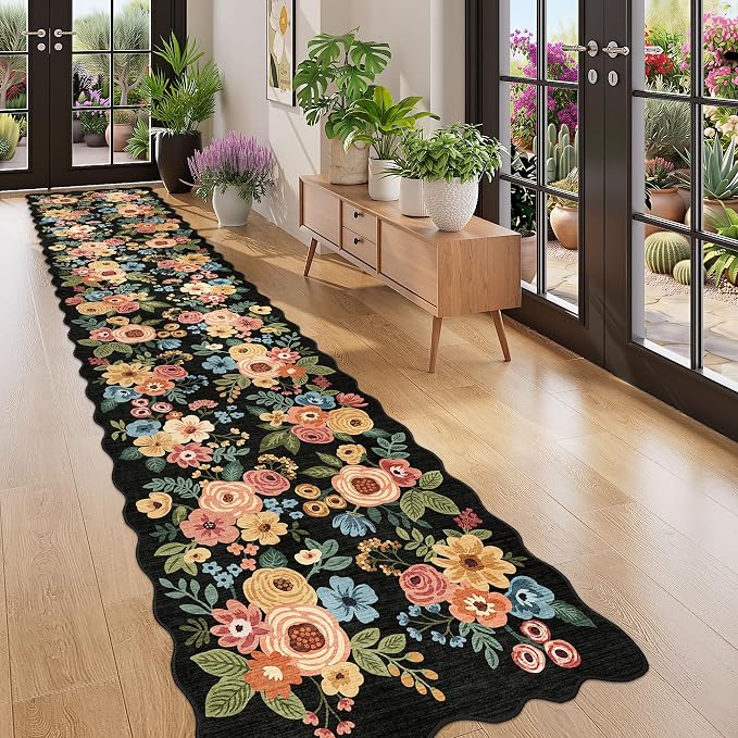 DUKINO 2.6x12 Runner Rug for Hallway, Non Slip Floral Washable Kitchen Rug with Low Pile Design, Boho Stain Resistant Floor Carpet Runner for Entryway, Bathroom, Laundry, Bedroom, Black