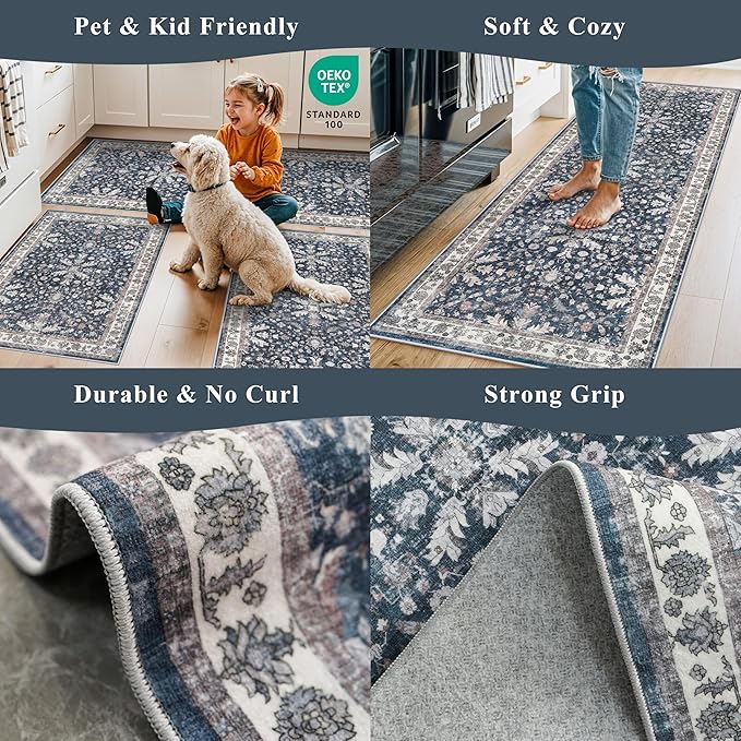 2x6ft Washable Hallway Carpet Runner – Non-Skid Floor Runner Rug for Kitchen Indoor Entryway Bedroom Bathroom Bedside – Boho Vintage Soft Low-Pile Area Rug (Blue,2x6)