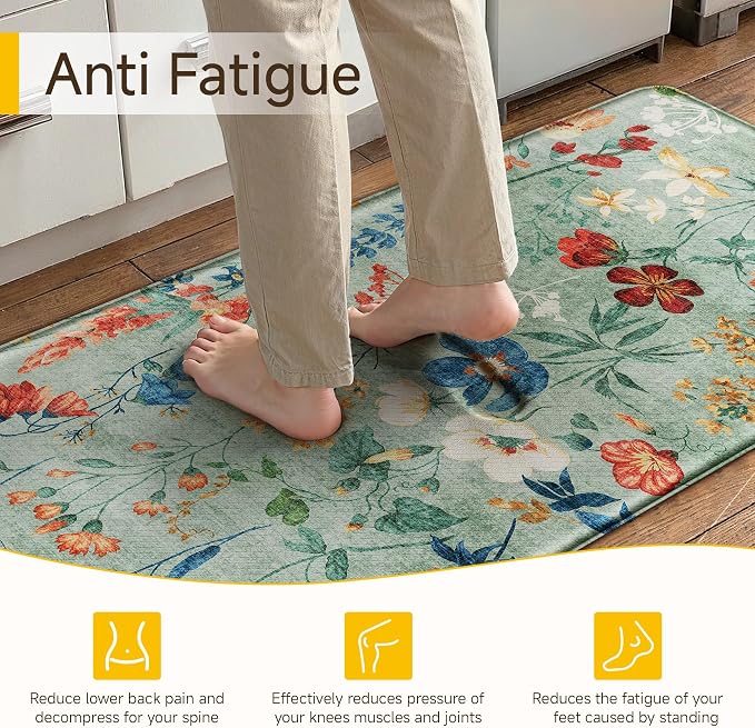 PureCozy Kitchen Mats 2PCS Anti Fatigue Cushioned Mat Non Slip Floral Boho Kitchen Mats for Floor Waterproof Comfort Standing Green Rug for Sink Laundry Office Desk 17.3"x47"+17.3"x30"