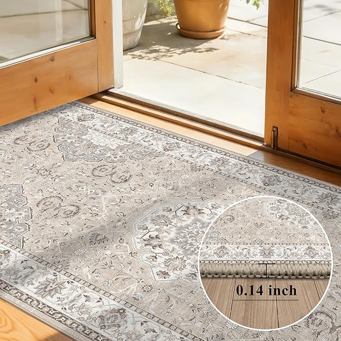 Washable 3x12 Hallway Runner Rug: Vintage Non Slip Soft Rug for Entryway Kitchen Living Room Low-Pile Water Resistant Carpet for Bathroom Nursery Thin Floor Mat for Bedroom Dining Room(Beige,3x12)