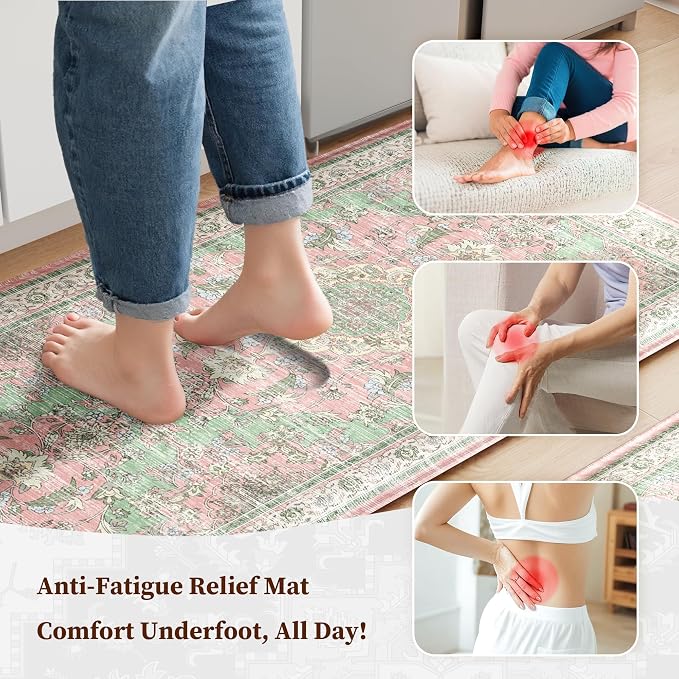 Boho Kitchen Mats for Floor 2 Piece Set Anti Fatigue Cushioned PVC Kitchen Rugs Non Slip Waterproof Farmhouse Mats 2/5 Inch Comfort Standing Mat for Sink, Laundry, 17.3"x59"+17.3"x28", Green Pink