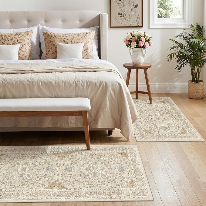 Madane 2-Piece Kitchen Runner Rug Set, Small Area Rug Non-Slip Vintage Door Mat Indoor Entrance, Low Pile Floor Carpet for Inside Front Door Bedroom Entryway Entry Laundry (2x3+2x4, Beige/Blue)